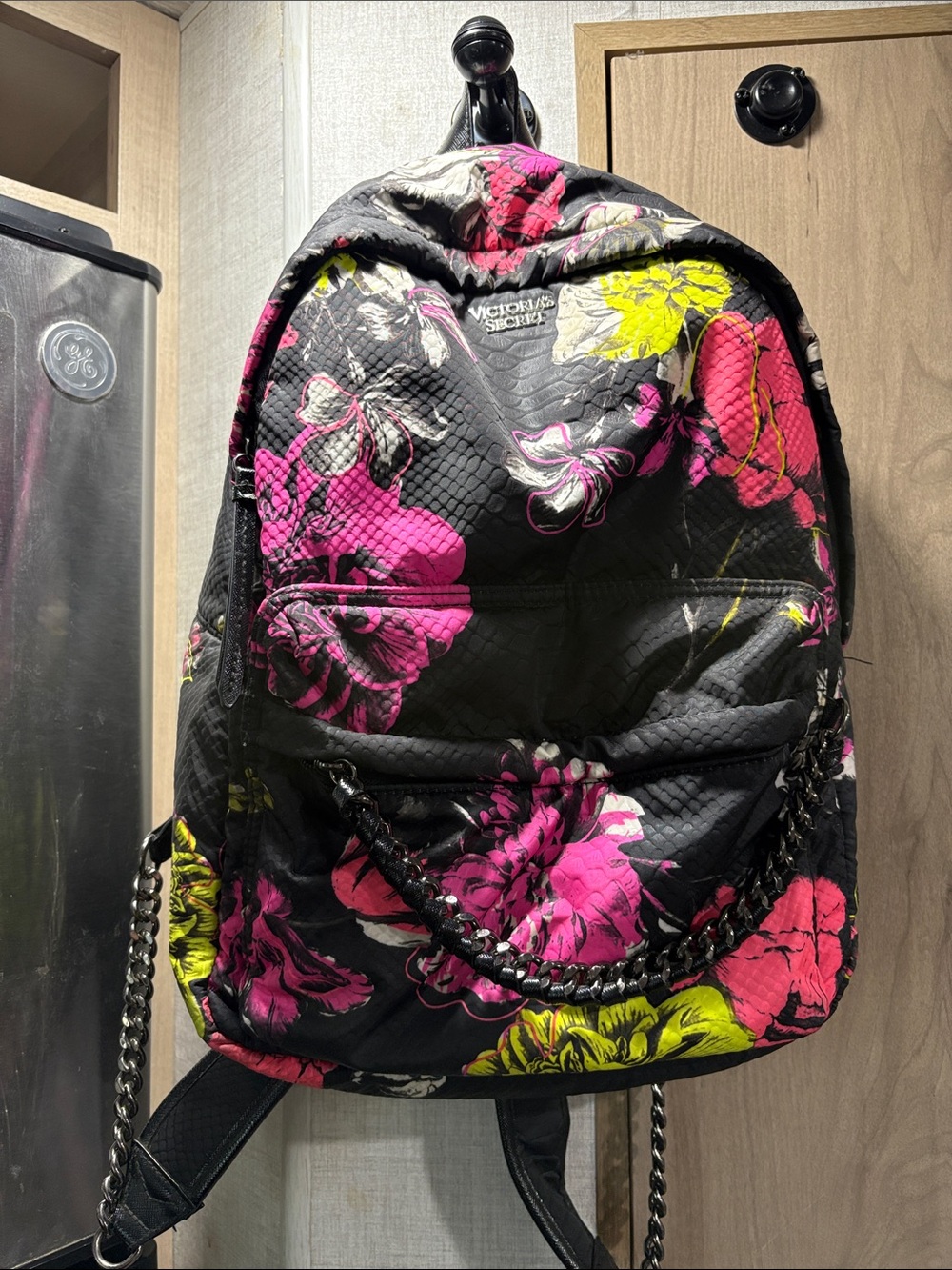 Victoria's Secret Black Floral Quilted Chain-Accent Backpack